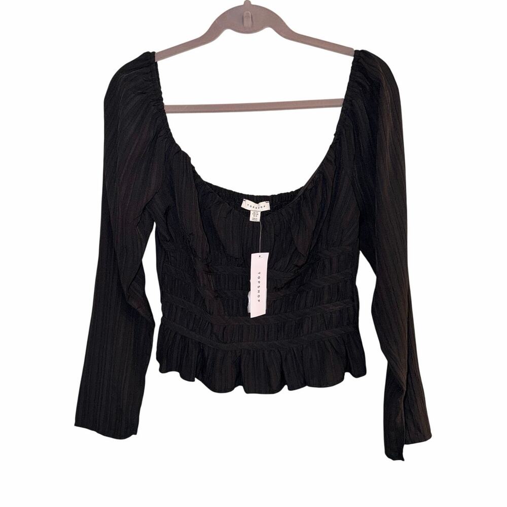Topshop Women’s Black Ruched Long Sleeve Peplum Blouse Size 8 NWT